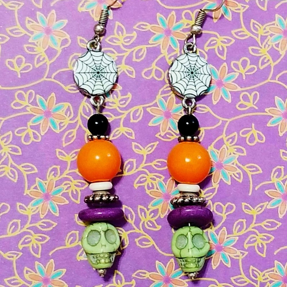Earrings Halloween Skulls Spider Webs Orange Black Green Purple Silver Beaded